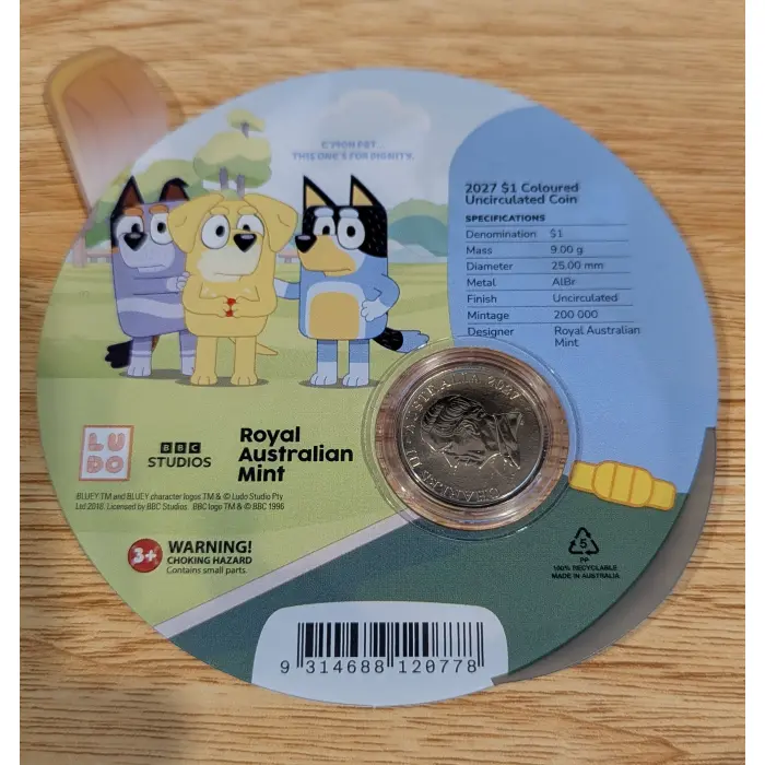 2027 BLUEY CRICKET $1.00 Colour Coin on Card UNC