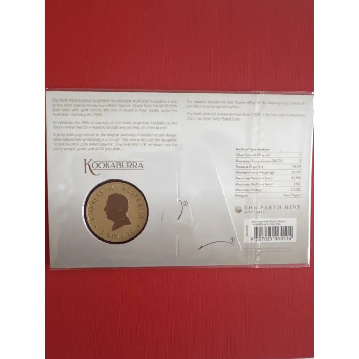 2025 $1 35th Anniversary of the Australian Kookaburra 1oz Silver GoldPlated Coin