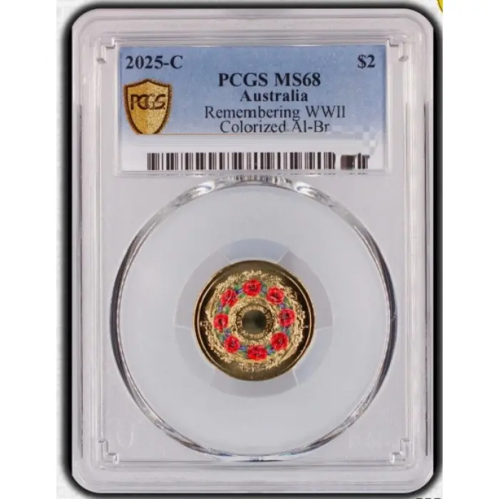 2025-C $2 WWII 80TH ANNIVERSARY POPPY WREATH COLOURED COIN PCGS MS68