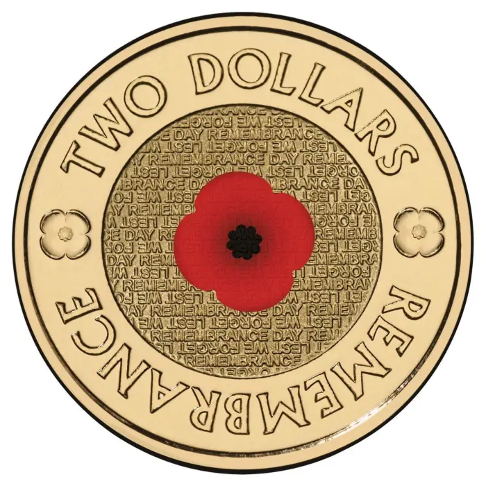 2012 $2 REMEMBRANCE DAY RED POPPY COLOURED COIN
