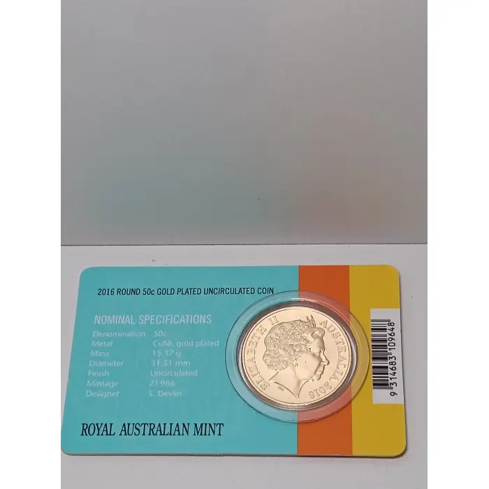 2016 Round 50c Gold Plated UNC Coin 