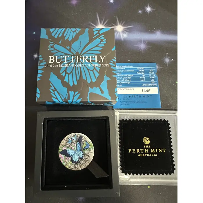 2026 2oz Silver Butterfly ANTIQUED COLOURED COIN 