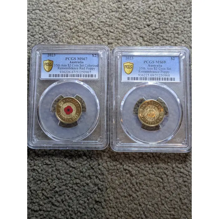 2023 Aus $2 35th Anniversary Remembrance Red & Gold Poppy Set PCGS MS67 & MS69