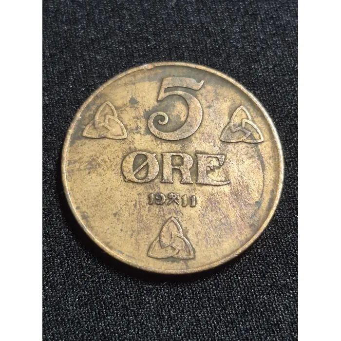 1911 Norway 5 Øre Bronze Coin – King Haakon VII Monogram 
