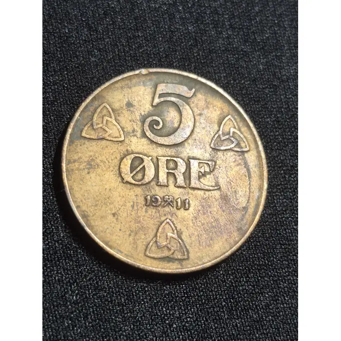 1911 Norway 5 Øre Bronze Coin – King Haakon VII Monogram 