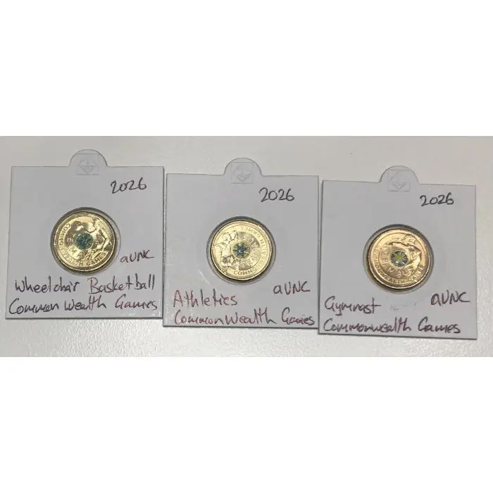 2026 $2 COLOURED COMMONWEALTH GAMES TEAM COINS - SET OF 3 X LIGHTLY CIRC COINS