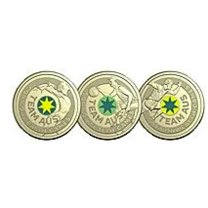 2026 $2 COLOURED COMMONWEALTH GAMES TEAM COINS - SET OF 3 X LIGHTLY CIRC COINS
