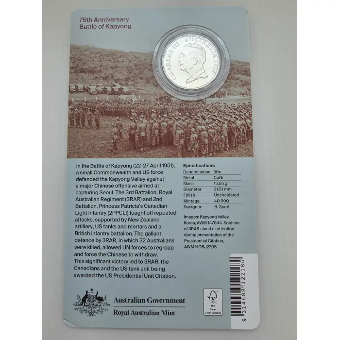 2026 50c 75th Anniversary of the Battle of Kapyong UNC Coin on Card