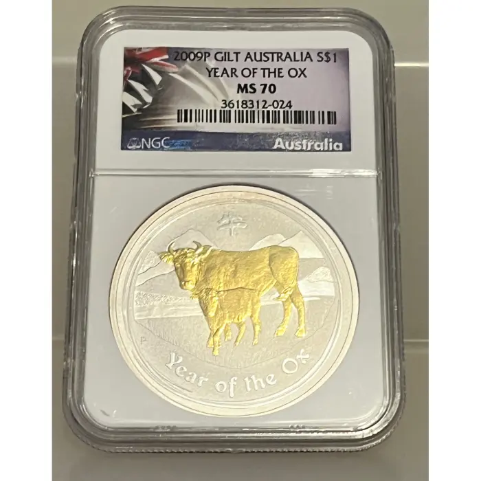 2009 $1 Year of The Ox Gilded 1oz Silver Coin Perth Mint NGC MS70