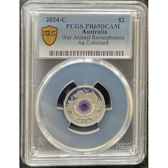 2024-C $2 WAR ANIMALS REMEMBRANCE SILVER PROOF COLOURED COIN PCGS PR69DCAM
