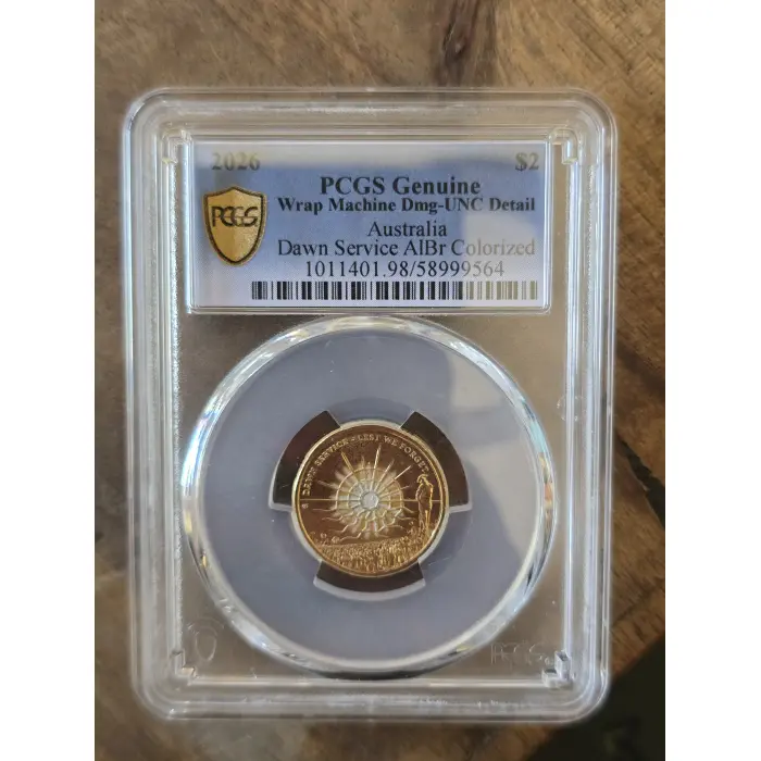 2026 $2 Dawn Service Coloured Coin - PCGS Genuine UNC Detail (Wrap Machine Dmg)