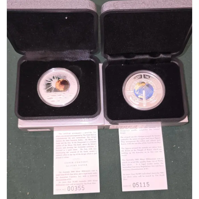 Perth Mint 2000 & 2001 Silver Millennium Proof Coins – 1oz .999 Fine Silver