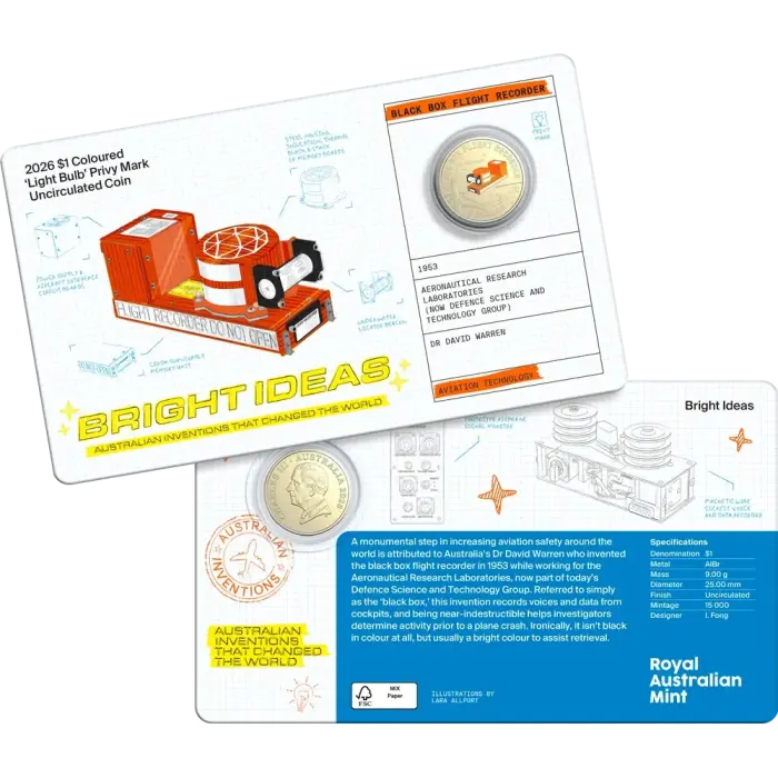 Bright Ideas 2026 $1 and $2 Privy Mark Seven-Coin Collection including coulored light bulb coin