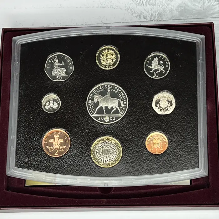 2002 Royal Mint Collectors Proof Coin Set of 9 Coins, Information Booklet / COA