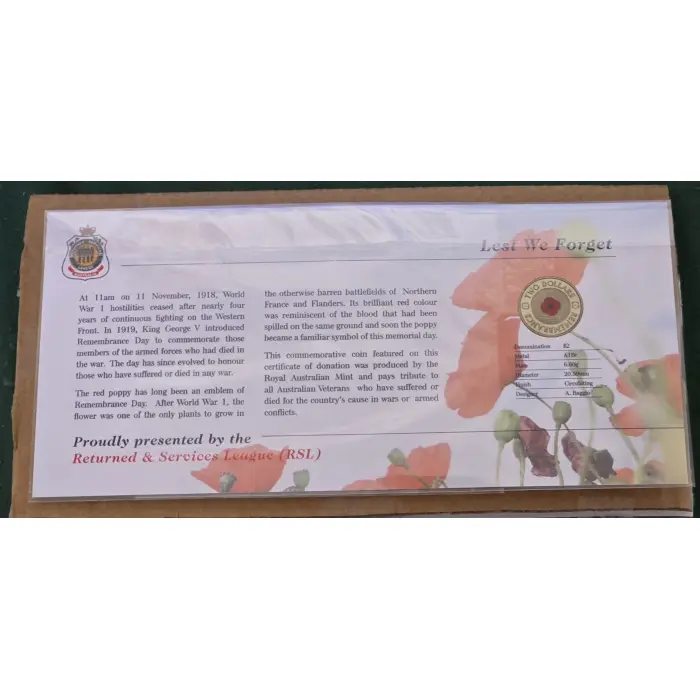 2012 red poppy Lest we Forget in RSL uncerculated 