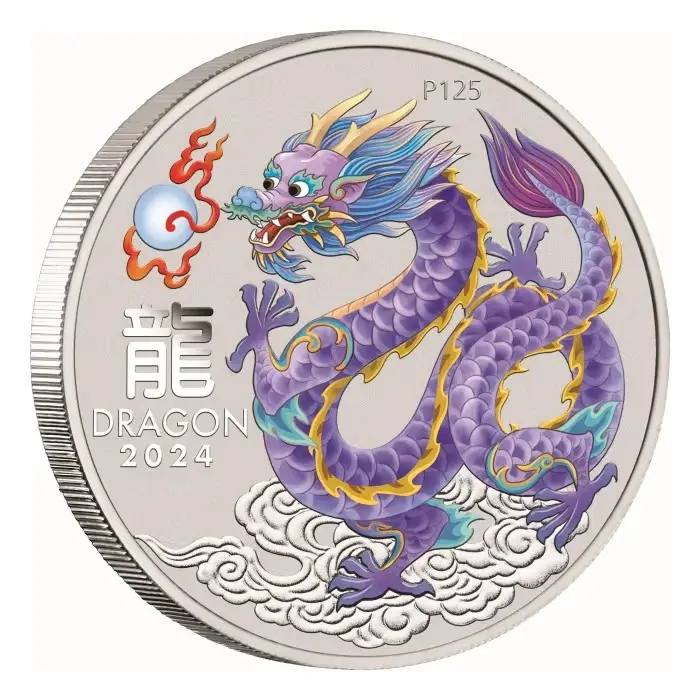 2024 $1 Lunar Year of Dragon Lilac Dragon 1oz Silver Coloured BU Coin In Capsule