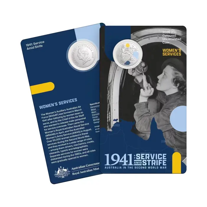 2026 Australia 20c Women’s Services 1941 Service Amid Strife UNC Coloured Coin