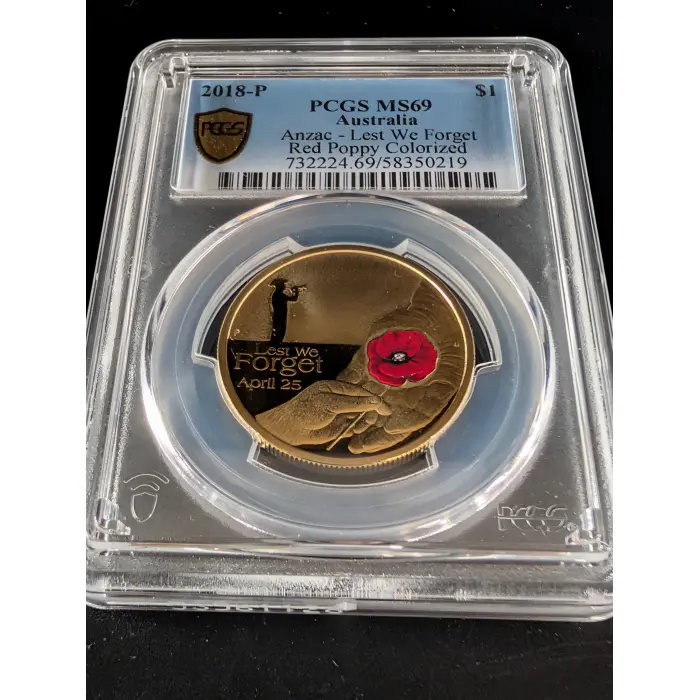 2018-P $1 ANZAC Lest We Forget Red Poppy Colourised TOP POP MS69 #58350219