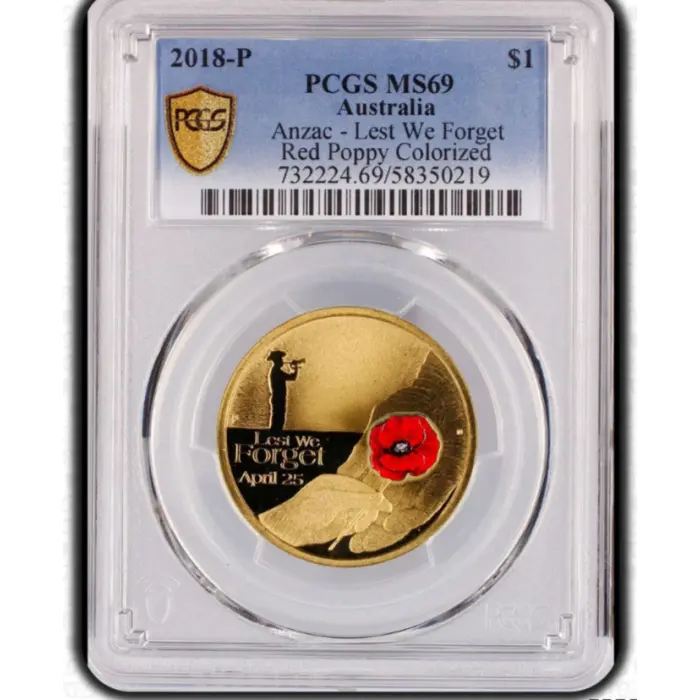 2018-P $1 ANZAC Lest We Forget Red Poppy Colourised TOP POP MS69 #58350219