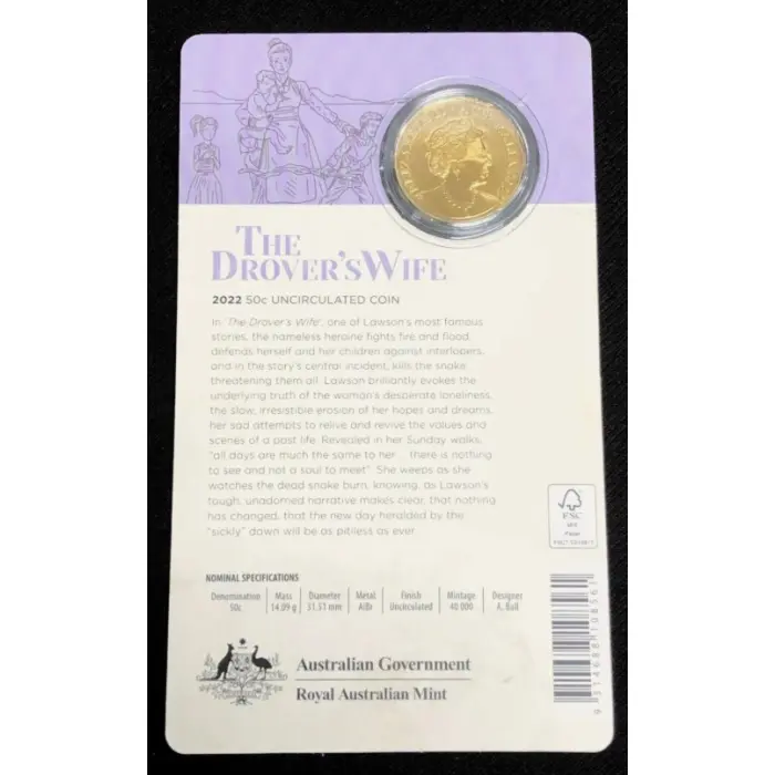 2022 "THE DROVER'S WIFE - Henry Lawson" uncirculated 50 cent spec. coin in card.