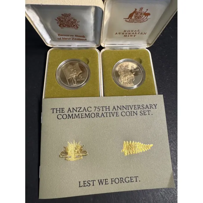1990 ANZAC 75th Anniversary Australia New Zealand $5 2 Coin Proof Sets