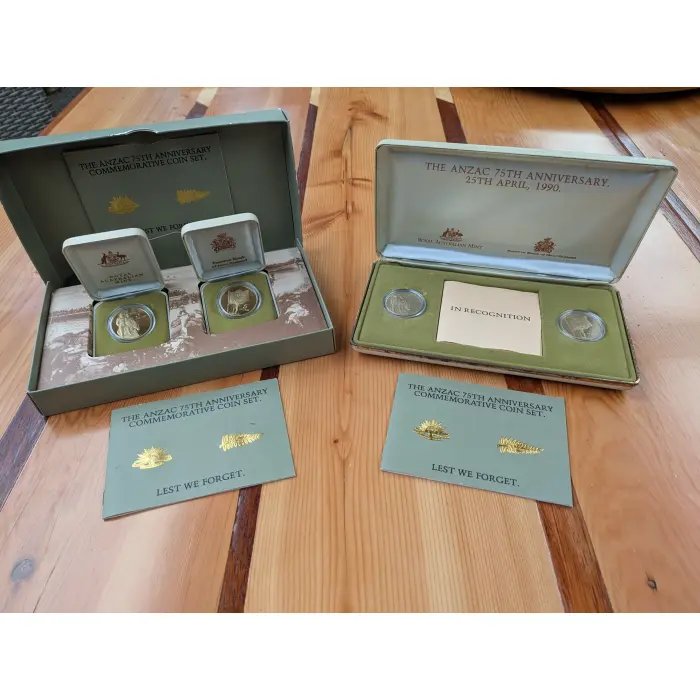 1990 ANZAC 75th Anniversary Australia New Zealand $5 2 Coin Proof Sets