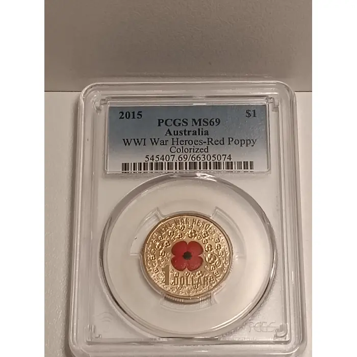2015 $1 WWI War Heroes Red Poppy Colourised PCGS MS69