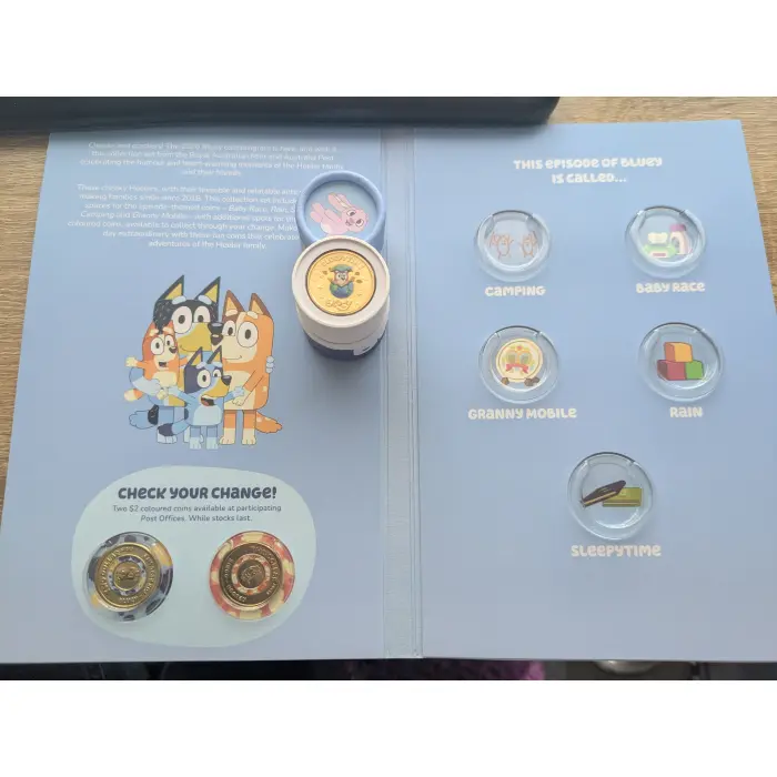 2026 BLUEY COLOURED SLEEPY TIME SET OF 7 INCLUDES 2 COLOURED TILL COINS & FOLDER