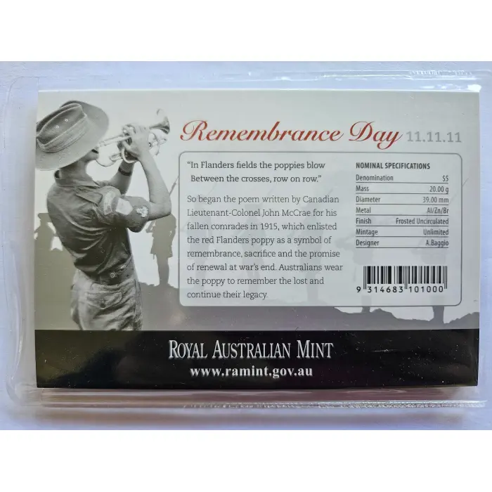 🌹 2011 $5 Uncirculated Remembrance Day 11.11.11 Red Poppy Coin Mintage 20,284