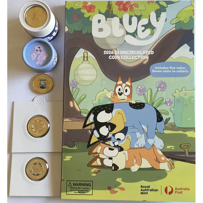 2026 BLUEY $2 COIN TUBE & FOLDER +  2 TILL COINS + RARE COLOURED SLEEPYTIME COIN