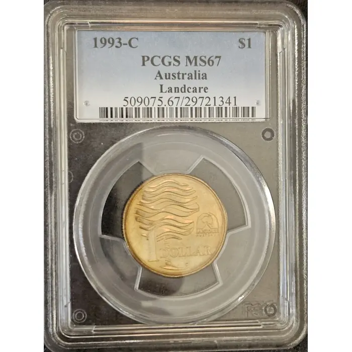 1993-C LANDCARE $1 – PCGS MS67 A high-grade 1993 Canberra C-mintmark Landcare $1