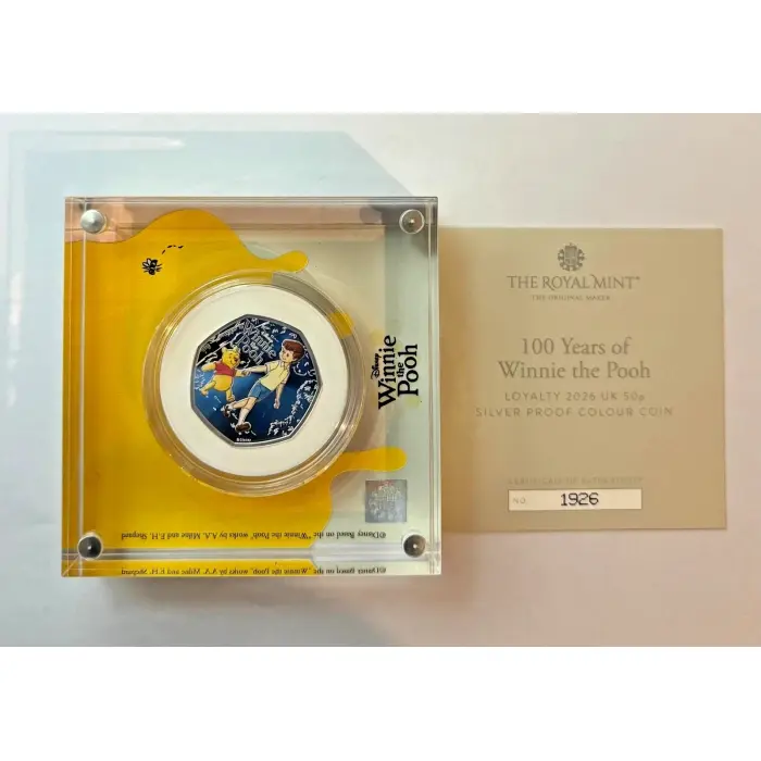   Share 2026 Winnie the Pooh 100 Years Loyalty 50p Silver Proof Colour Coin 1926