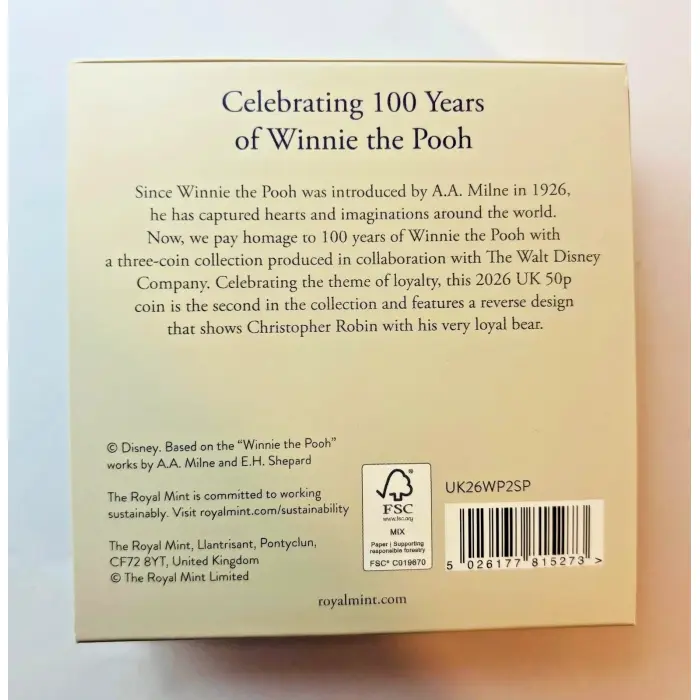   Share 2026 Winnie the Pooh 100 Years Loyalty 50p Silver Proof Colour Coin 1926