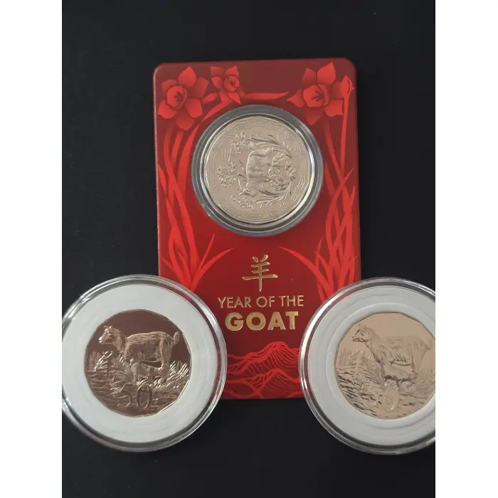 RAM Lunar Year of the Goat Selection  2015 $1 UNC Singles & 2027 50c Carded Coin