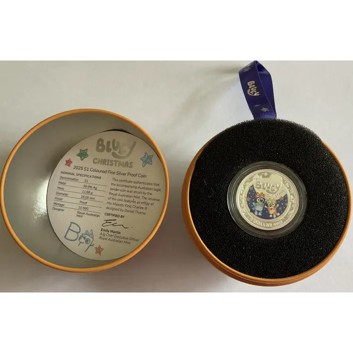 2025 BLUEY CHRISTMAS $1 COLOURED FINE SILVER PROOF COIN