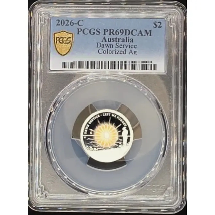 2026-C $2 DAWN SERVICE SILVER PROOF COLOURED COIN PCGS PR69DCAM