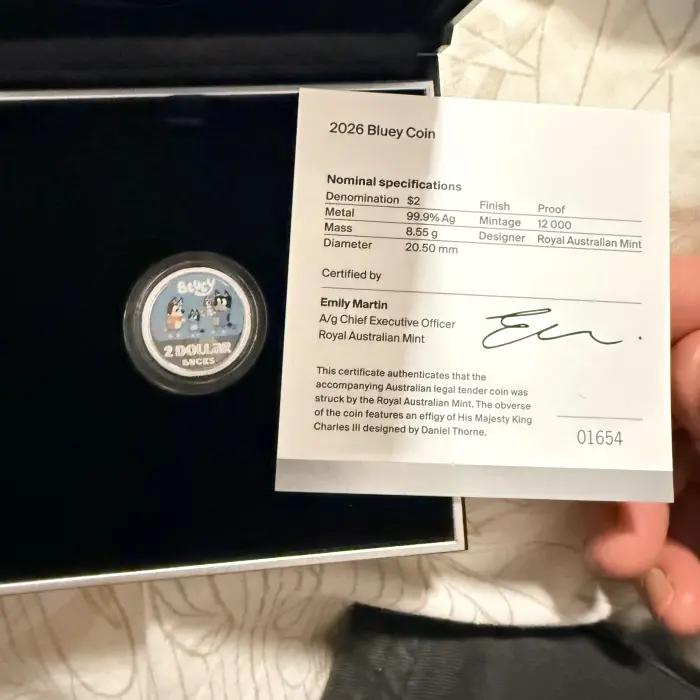 Bluey 2026 $2 Silver Proof Coin 0.999 Fine COA 1654/12,000