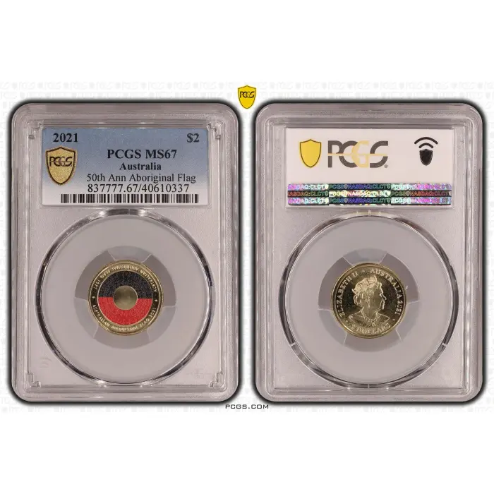 2021 AUSTRALIAN $2 – 50TH ANNIVERSARY ABORIGINAL FLAG – PCGS MS67 