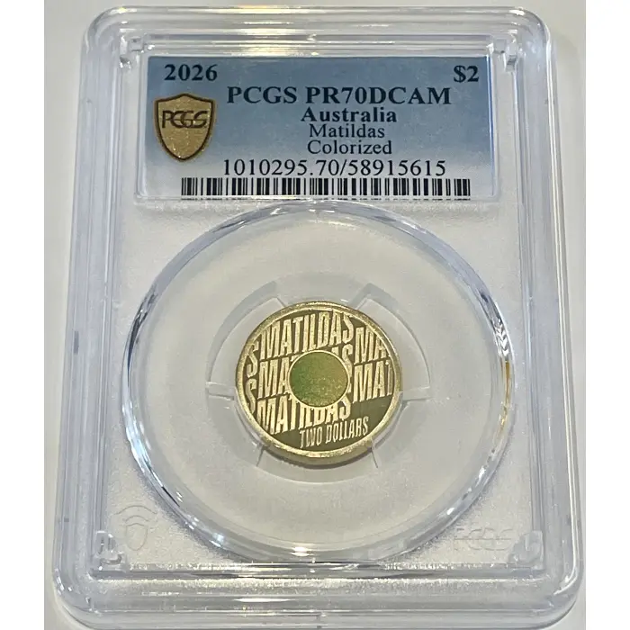 AUS 2026 $2 Matildas Coloured Proof Coin LIMITED MINTAGE OF 7,500 PCGS PR70DCAM