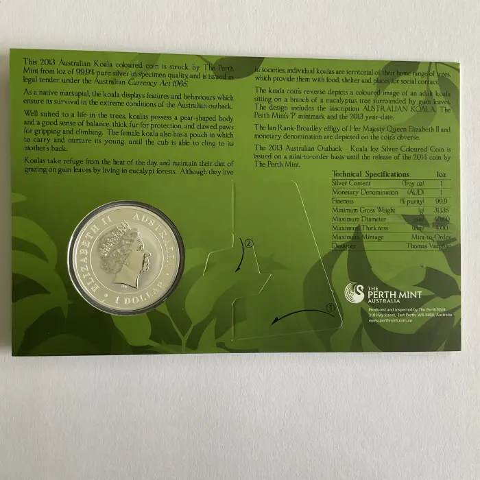 2013 $1 Koala 1ox Silver Coloured UNC Coin  - Perth Mint 