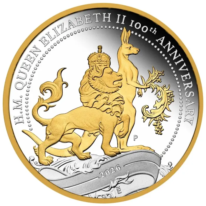 2026 $1 100th Anniversary H.M. Queen Elizabeth II 1oz Silver Proof Gilded Coin