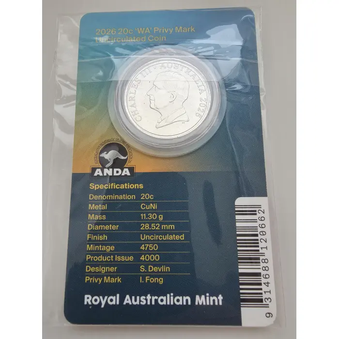 2026 20c Perth ANDA 'WA' Privy Mark carded coin