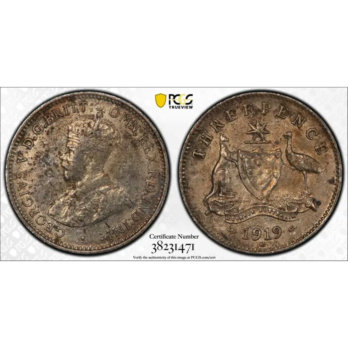 1919-M AUSTRALIAN THREEPENCE – PCGS AU50