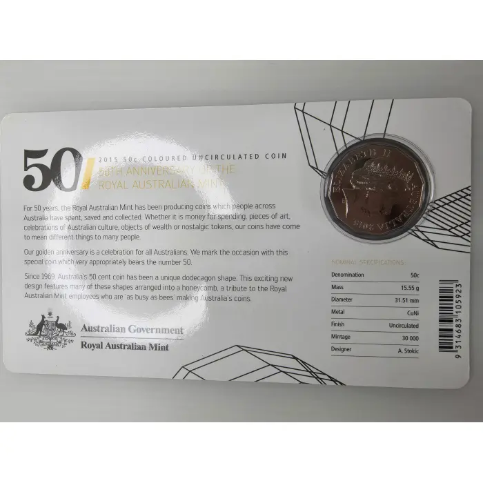 Australia 2015 RAM 50th Anniversary Uncirculated 50c Coloured Coin on Card